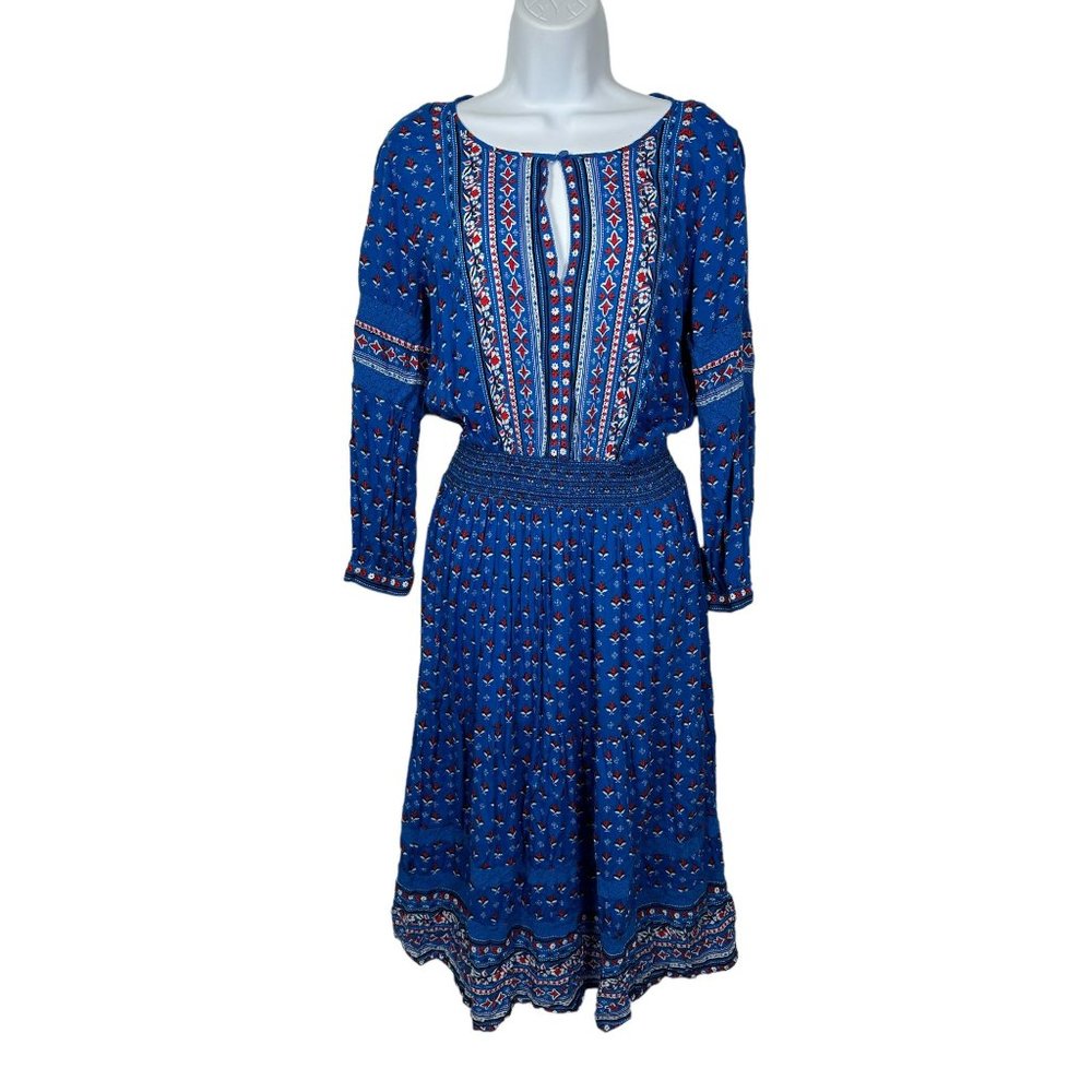 GAP Womens Small Dress Blue Red Long Sleeve Midi Peasant Boho‎ Rayon Elastic
